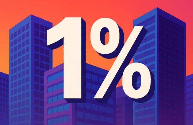 ITP tipo 1% inmuebles: requisito de inicio de actividad solo para el adquirente, no transmitente Tipo del 1% en ITP aplicable a inmuebles para iniciar actividad económica, pero adquiridos a una entidad que ya tenía los inmuebles afectos a actividad económica. Imagen del 1% sobre unos edficios