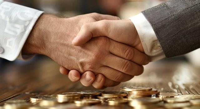 La indemnización por rescisión unilateral de la relación mercantil entre una sociedad y su socio no puede beneficiarse de la reducción del 30% del art. 32.1 LIRPF al responder únicamente al cese decidido por la empresa. Imagen de un apretón de manos de dos hombres sobre una mesa con monedas