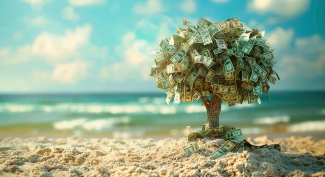 Proyecto de Orden: actualización de la lista de países, territorios y regímenes fiscales perjudiciales, considerados jurisdicciones no cooperativas, comúnmente conocidos como “paraísos fiscales”. Imagen de un arbol lleno de dinero en una playa de arena fina