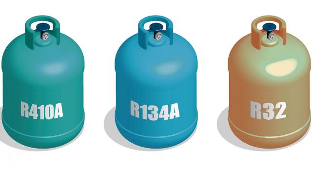 Armonización del Impuesto sobre los Gases Fluorados de Efecto Invernadero en Navarra. Imagen de tres recipientes de colores con refrigerante