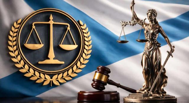 El Tribunal Constitucional declara inconstitucional que un beneficio fiscal en AJD se condicione a que una sociedad tenga su domicilio en una comunidad autónoma. Imagen de la balanza, la dama y el mazo de juez sobre el fondo de una bandera