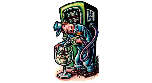 TJUE: El depositario autorizado es el deudor del impuesto especial en caso de salida irregular de productos sujetos a impuestos especiales. Ilustración de hombre de servicio llenando una copa de vino con la bomba de gasolina