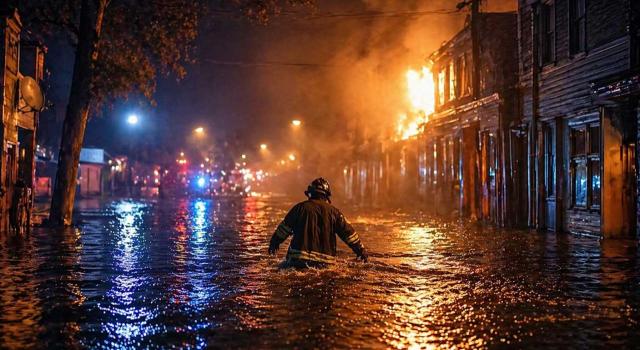 Beneficios fiscales aprobados a favor de las víctimas de la DANA, incendios de 2025 y abusos por parte de la Iglesia Católica y ajustes en las medidas previamente adoptadas por la crisis energética. Imagen de un bombero en una calle con agua hasta la cintura