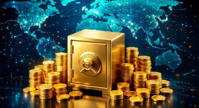TEAC: cash pooling en el contexto de un grupo multinacional. Caja fuerte rodeada de monedas color oro