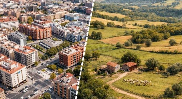 Doctrina reiterada: la calificación catastral de un terreno como urbano o rústico debe basarse en la realidad física y jurídica del mismo, no en la clasificación del planeamiento urbanístico. Imagen de la comparación de un campo y ahora en la actualidad lleno de viviendas