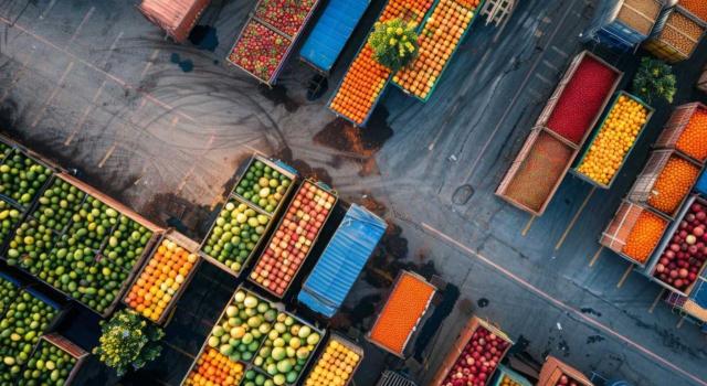 Se modifica el régimen de contingentes arancelarios autónomos para el suministro de productos agrícolas e industriales La Unión Europea modifica el régimen de contingentes arancelarios autónomos para garantizar el suministro de determinados productos agrícolas e industriales. Imagen de vista de pájaro de muchos camiones llenos de fruta