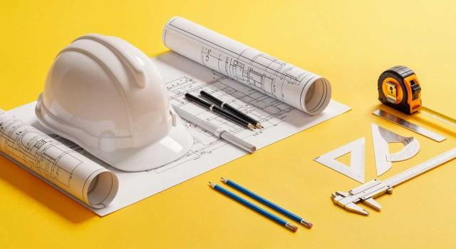 TS y AJD: cuando escritura de declaración de obra nueva se formaliza muchos años después de la construcción Base imponible del AJD en las escrituras de declaración de obra nueva formalizadas muchos años después de la construcción. Imagen de un casco de obrero sobre un plano y junto a un metro y reglas de medida