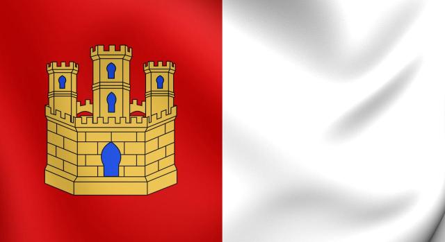 Presupuestos de Castilla-La Mancha 2026: Cánones de aducción y depuración. Imagen de bandera dividida por la mitad, con un castillo a la izquierda y fondo blanco a la derecha