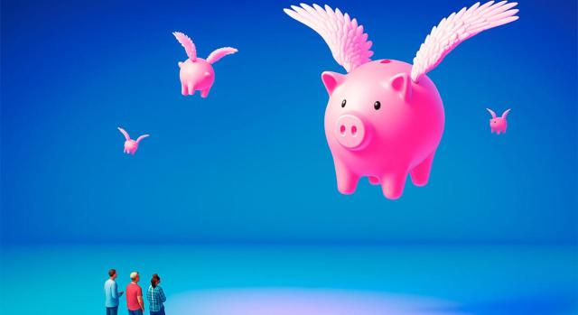 Trabajadores desplazados: acciones pendientes por trabajos previos. Cerditos voladores y personas mirando hacia arriba