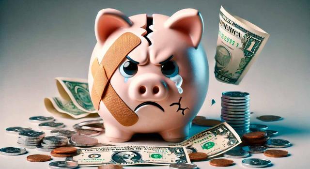TEAC: regularización por no poder aplicar el régimen FEAC del IS. Cerdo hucha con tirita y rodeado de monedas y dinero en papel