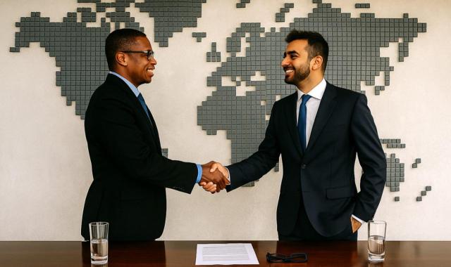 IP exención de participaciones en entidades: sociedad holding no residente con socio residente fiscal en España. Imagen de unos chicos dandose un fuerte apretón de manos con un mapa mundi de fondo