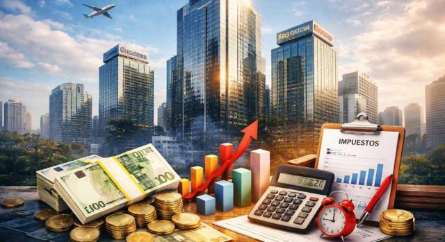 Aprobación del Reglamento del Impuesto Complementario en Navarra. Imagen de una ciudad de fondo y por delante billetes, monedas, gráficas y tabla de impuestos