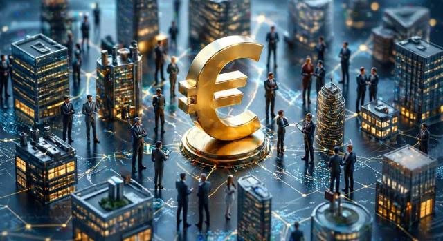 Calificación en IS de los intereses variables pactados en un préstamo participativo entre sociedades no vinculadas. Imagen de una ciudad financiera con trabajadores y el símbolo del euro en el centro