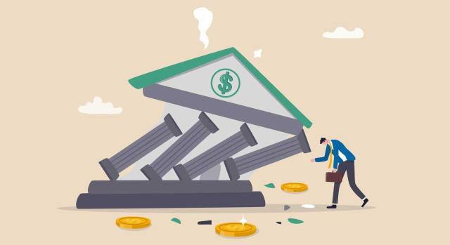 Tratamiento fiscal en el IRPF de la amortización íntegra de acciones en el marco de resolución bancaria Tratamiento tributario en la base imponible del IRPF, de las pérdidas derivadas de la amortización de acciones y la conversión de instrumentos financieros acordadas en el marco de resolución bancaria. Imagen del dibujo de un banco desplomandose ante la imagen de un hombre