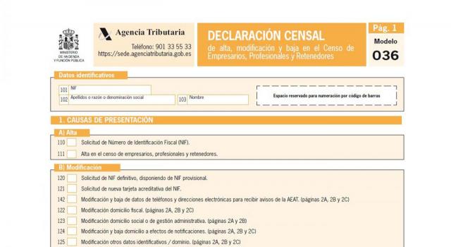 Declaración censal, modelo 036. Imagen del modelo 036