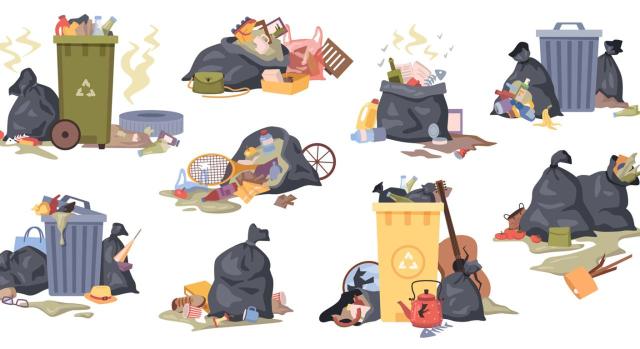 Cuota superior para las viviendas turísticas y exención para las personas con riesgo de exclusión social en la tasa de recogida de basura Se confirma la cuantificación de la tasa de recogida de basura en la que se prevé una cuota superior para las viviendas turísticas y la exención para personas con riesgo de exclusión social. Imagen de dibujos de basuras desbordados de diferentes formas