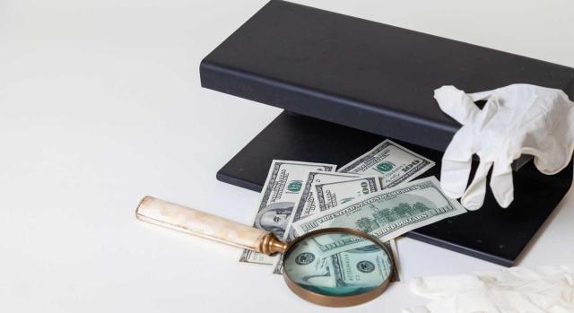 La AN confirma la anulación de la derivación de responsabilidad cuando ya se había sancionado por el uso de facturas falsas entendiendo que el art. 180.2 LGT no permite confirmar tanto las sanciones como la propia derivación. Imagen de un detector de dollares falsos y una lupa 