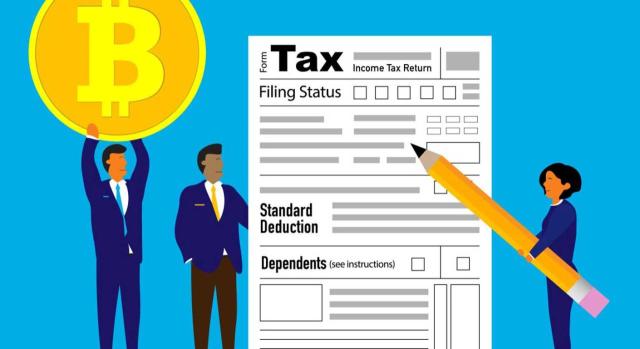 Proyecto de Orden de los modelos de declaración informativa y censal relacionados con criptoactivos. Imagen del dibujo de tres personas leyenco una hoja de impuestos y con el símbolo del bitcoin
