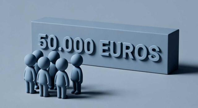 Actualización del límite exento de garantías para aplazamientos y fraccionamientos de deudas de derecho público en Cantabria. Imagen de unos dibujos de personas frente a un lingote de 50.000 euros