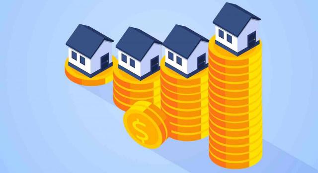 TC, capacidad económica, ganancias inmobiliarias, IRPF, inflación. Varios montones de monedas de diferentes alturas y una casita encima de cada uno