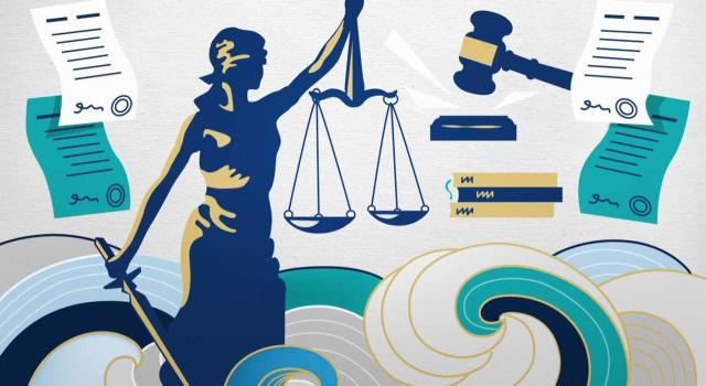 TEAC: cómputo de “fecha a fecha” para plazos mensuales para presentar reclamación económico-administrativa y una segunda solicitud de compensación no impide iniciar el periodo ejecutivo. Imagen del dibujo de la diosa de la justicia sobre unas olas de mar con la balanza y el mazo