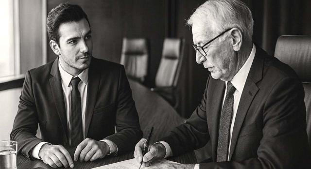 ISD reducción del 95%: donación de participaciones a hijos ISD reducción del 95%: donación de participaciones a hijos. Dos hombres, joven y adulto, firmando un documento