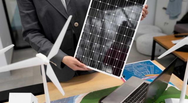 Navarra determina los gastos a incluir en la base de las deducciones por inversiones en instalaciones de energías renovables y sistemas de recarga aplicables en IRPF e IS. Imagen de la presentación de una placa solar y elementos de energías renovables