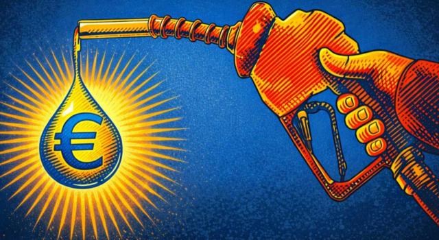 El TS reconoce la devolución del tramo autonómico de hidrocarburos, sin tener el obligado tributario que probar un hecho negativo como la inexistencia de traslación económica. Imagen del dibujo de una manguera de gasolina en la que sale una gota con el logo del euro