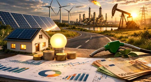 Aprobadas medidas fiscales en materia energética afectando a numerosos impuestos como respuesta a la crisis en Oriente Medio. Imagen de unos gráficos, dinero, manguera de gasolina, placas solares y de fondo una industria