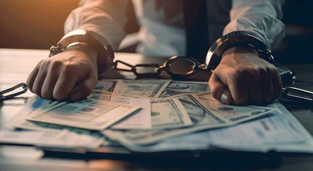 Improcedencia de la devolución de ingresos indebidos por falta de acreditación de la efectiva repercusión e ingreso de las cuotas en el Tesoro, pese a la condena penal por estafa. Imagen de un hombre sentado en un escritorio con billetes y con unas esposas puestas en sus muñecas