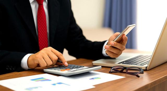 Cómo estructurar la retribución del socio y optimizar su fiscalidad en el IRPF. Imagen de un hombre haciendo cuentas con una calculadora y su ordenador