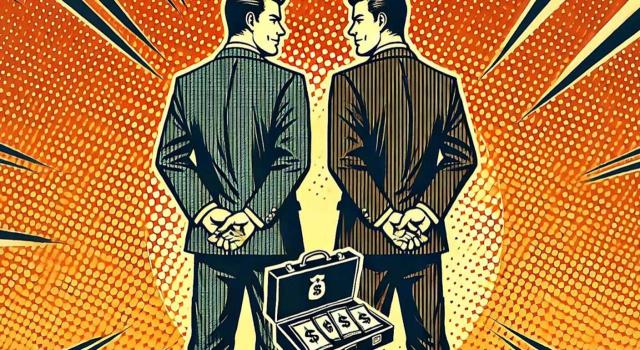 Es necesario agotar todas las vías de la responsabilidad solidaria si existen indicios, no pudiendo dejar al arbitrio de la Administración Tributaria elegir a quién derivar la responsabilidad. Imagen de dos dibujos de hombres de espalda con un maletín de dólares