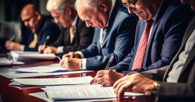 Cuando una liquidación fundamenta la regularización en la potestad de calificación del art. 13 LGT, el órgano jurisdiccional no puede confirmarla introduciendo la simulación, que no fue declarada por la Administración. Imagen de una mesa de todos hombre firmando documentos