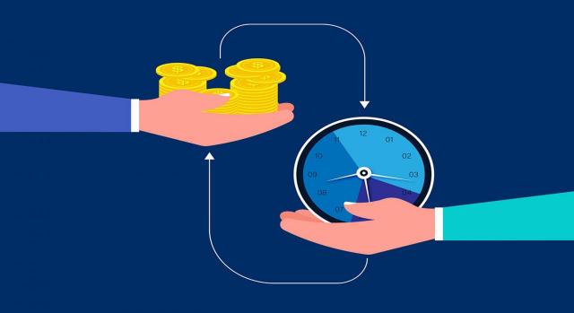 Las reglas de imputación temporal de ingresos y gastos impedirían dar amparo a su solicitud de rectificación El Tribunal no admite la deducibilidad del gasto en el IS. Imagen sobre el concepto de tiempo de intercambio con dinero, entre un reloj y monedas