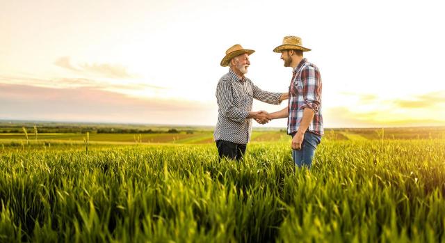 Beneficios fiscales concedidos en Murcia respecto a operaciones con fincas rústicas para hacer frente a los efectos negativos de la guerra en Ucrania. Imagen de dos agricultores estrechandose las manos en un campo de cultivo