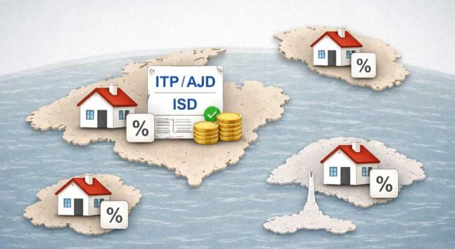 Islas Baleares: Actualización de los límites relativos a vivienda habitual aplicables a determinados beneficios fiscales en ITPyAJD e ISD con diferenciación por isla. Imagen de las Islas Baleares con casitas en ellas