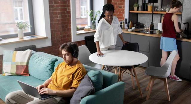 La deducción de los gastos asociados a las zonas comunes de un piso alquilado por habitaciones está supeditada a la efectiva ocupación de cada una ellas. Imagen de tres jovenes en su salón-cocina