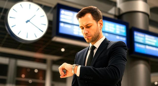 Exención 7 p) Ley IRPF: no hay límite de hora en el día de viaje. Hombre con traje consultando el reloj en un centro de transporte