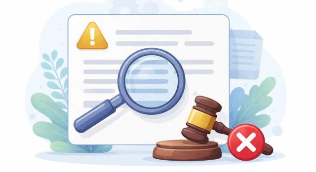 La comunicación de inicio de actuaciones inspectoras no es un acto susceptible de reclamación en vía económico-administrativa. Imagen de una lupa sobre un documento y el mazo de juez tiene el símbolo de negativo sobre él