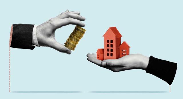 IRNR: transmisión de inmueble arrendado, improcedencia de incluir gastos de conservación como mayor valor de adquisición y cálculo de la amortización para bienes usados. Imagen de dos manos, una ofreciendo unos edificios y otra un montón de monedas