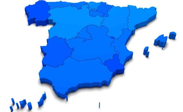 Tributos comunidades autónomas. Mapa de España con sus comunidades en 3d en color azul