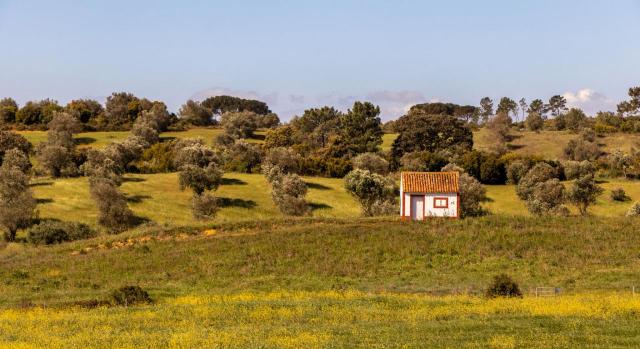 Aragón incrementa sus deducciones en IRPF e ITPAJD en la Ley de dinamización del medio rural. Imagen de una casa blanca y roja en mitad de un prado