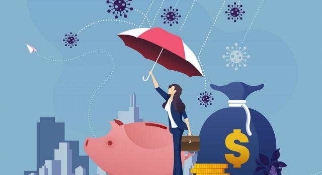 Nuevas medidas fiscales en Bizkaia. Figura de mujer con paraguas protegiendo una hucha y un saco de dinero del ataque del coronavirus