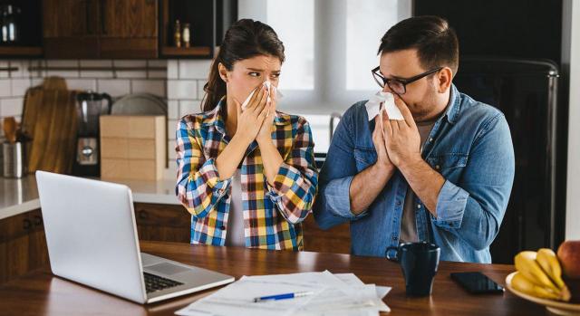 Medidas fiscales anticoronavirus. Imagen de una pareja en su casa con el ordenador sonandose la nariz