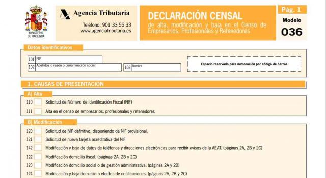 Proyecto Orden que modifica el modelo 036 para incluir el Registro de extractores de depósitos fiscales. Modelo 036