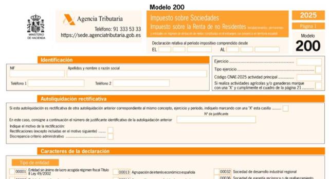 Aprobados los modelos de declaración del IS y del IRNR para los períodos impositivos iniciados entre el 1 de enero y el 31 de diciembre de 2025. Imagen del modelo 200 del IS