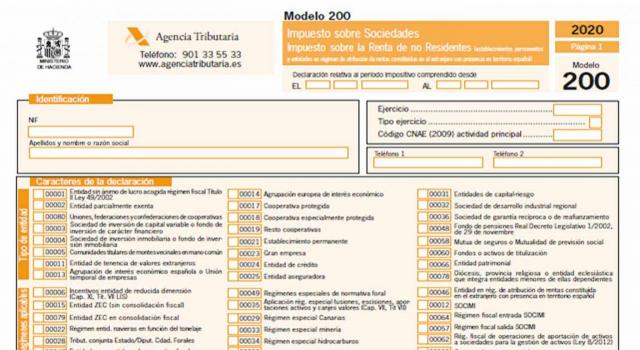 Proyecto de orden por la que se aprueban los modelos del IS y del IRNR para establecimientos permanentes y entidades en régimen de atribución de rentas. Imagen de formulario del Modelo 200 de la Agencia Triburaria