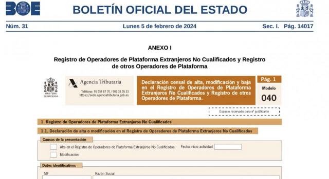 Modelos 238 y 040: intercambio de información operadores de plataformas. Imagen del Modelo 040