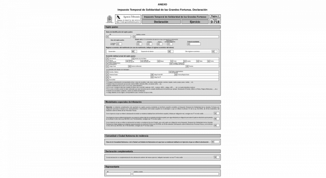 Se aprueba el modelo 718 Impuesto Temporal de Solidaridad de las Grandes Fortunas y determina el lugar, forma y plazos presentación. Imagen del pdf del modelo 718