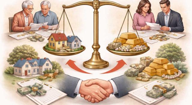 No hay donación cuando el exceso de adjudicación de una herencia se compensa con bienes de otra sucesión hereditaria No hay donación cuando el exceso de adjudicación en una herencia se compensa con bienes de otra sucesión hereditaria. Imagen en la que se observa como unos abuelos hacen una donaciónd de herencia a sus hijos con la balanza de juez en el medio